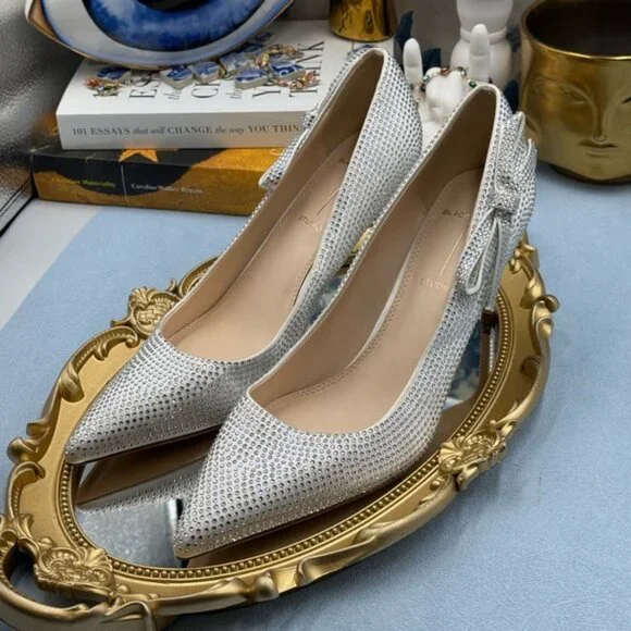 🆕 BLACK SUEDE STUDIO 🧿 NWOB White Satin Ribbon Rhinestone Heels, Sz 37 US 6.5 - Picture 8 of 16